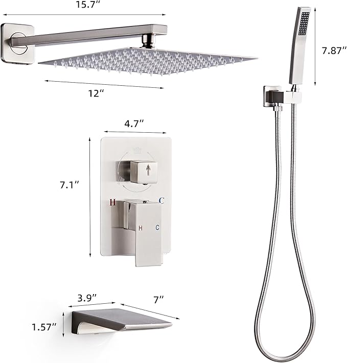 Shower Faucet Set Complete with Tub Spout Shower System Wall Mounted with 12 inch Rainfall Shower Head and Handheld Shower Rain Shower Combo for Bathroom, Brushed Nickel