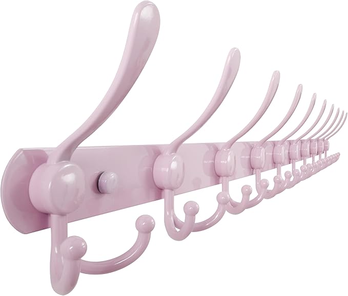 Dseap Coat Rack Wall Mount - 38” Long 10-Tri-Hooks Heavy Duty Coat Hanger Rail Wall Hooks for Hanging Coats Hats Clothing Clothes Purse Mudroom Entryway, Pink