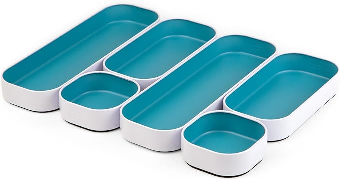 Three by Three Seattle 6 Piece Metal Stacking Bins + Drawer Organizers Set: Elevate Your Desk Organization with Playful Stackable Metal Organizers: Fun, Functional, and Stylish (Sky Blue)