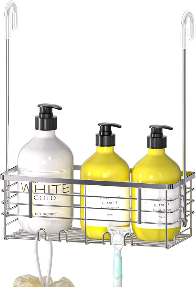 DELLAN Hanging Shower Organizer, Shower Rack with Hooks Over the Door, Bathroom Shower Caddy and Basket