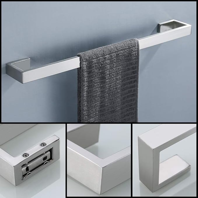 TNOMS 4 Pieces Bathroom Hardware Accessories Set Towel Bar Towel Holder Robe Hook Toilet Paper Holder Stainless Steel,Q8-P4BR