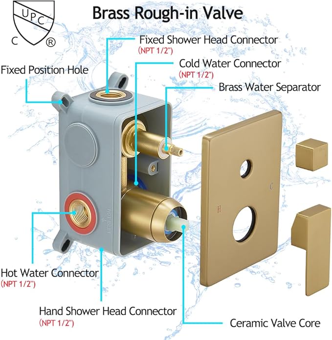 Brushed Gold Shower System, 8 Inch High Pressure Rain Shower with Handheld, Wall Mount Shower Faucet Set for Bathroom, Rough-in Valve Body and Trim Included