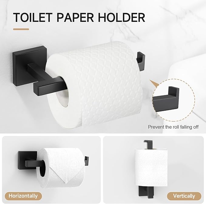 TQKAG 7-Pieces Matte Black Bathroom Hardware Accessories Set 23.6" SUS304 Stainless Steel Towel Bar Set Toilet Paper Spare Rolls Storage Holder Wall Mounted