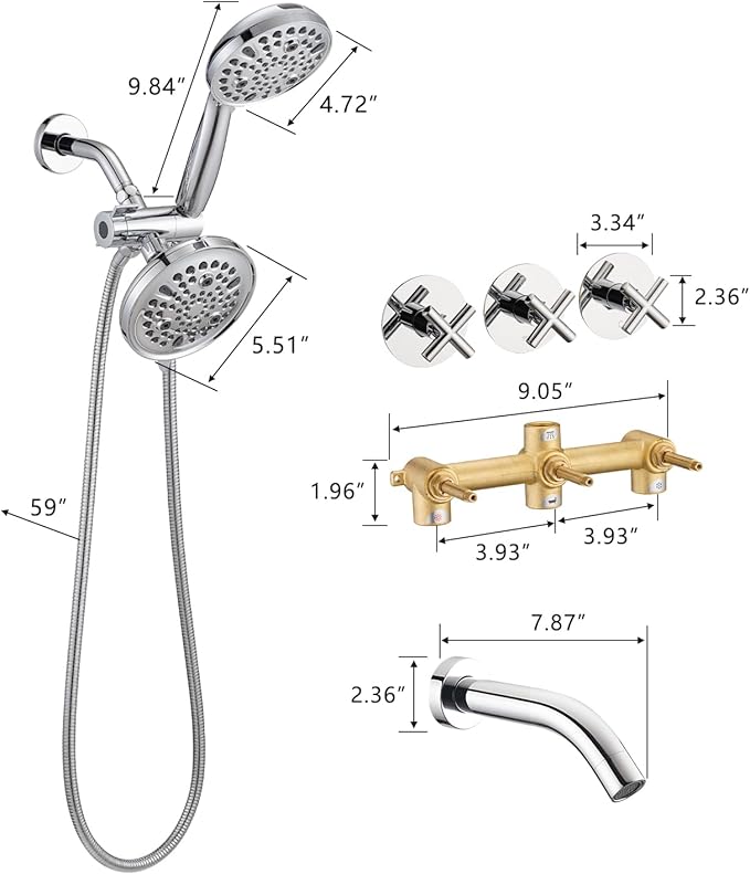 PROOX 3 Handle Tub Shower Faucet Set, Dual shower head Combo with Tub and Shower Trim Kit with Rough-in Valve, Polished Chrome Bathtub Shower Faucets, Wall Mounted Bathroom Rain Shower System