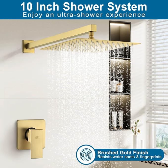 POP SANITARYWARE Shower Faucet Set Brushed Gold Bathroom Rainfall 10 Inch Shower Head System Single Handle Shower Trim Kit with Valve