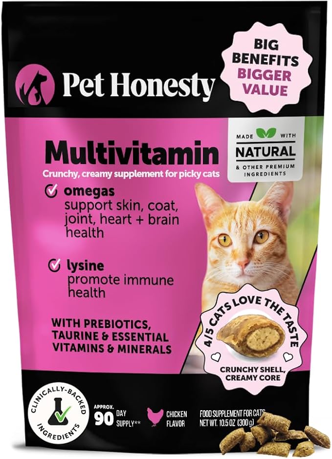 Cat Multivitamin Chews - Cat Treats for Health + Immune, Joint Support, Skin & Coat, and Digestion - Omega 3s, Lysine & Probiotics for Cats, Vitamins for Cats - Chicken (90-Day Supply)