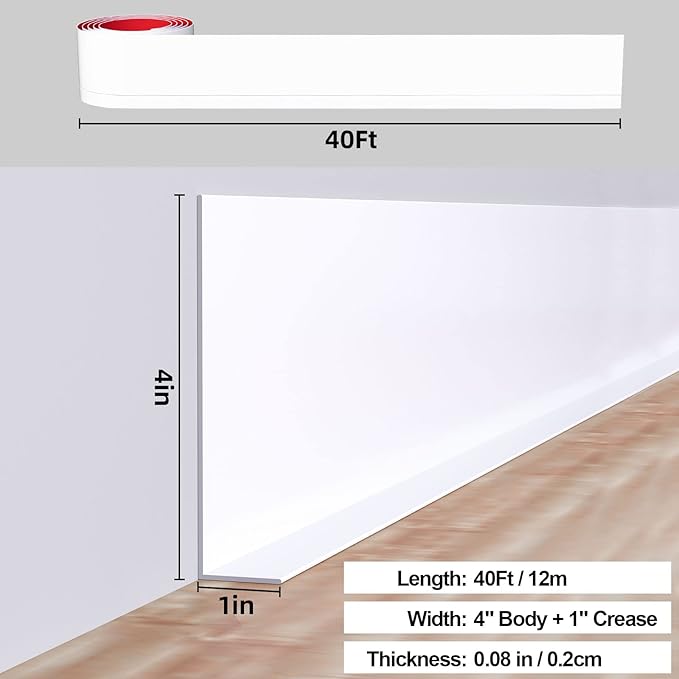 Duzzy Flexible Baseboard Molding Trim, 5 Inch(W) x 40 Feet(L) Peel and Stick Rubber Wall Trim Molding, Self-Adhesive Vinyl Wall Base Cove Base