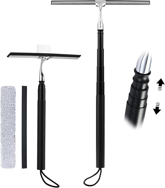 12-51’’ Telescopic Window Squeegee for Home, 2 in 1 Window Cleaning Squeegee Kit, Shower Squeegee for Glass Doors, Outdoor extendable Window Cleaner Tool for Floor Tile Wall Car Windshield