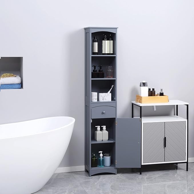 HOMCOM Bathroom Storage Cabinet, Free Standing Bathroom Storage Unit, Tall Linen Tower with 3-Tier Shelves and Drawer, Grey