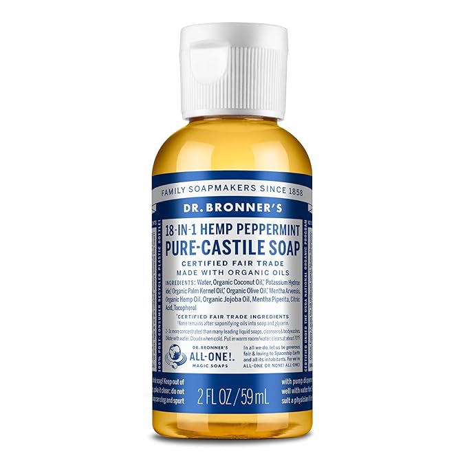 Dr. Bronner's - Pure-Castile Liquid Soap (Peppermint, Travel Size, 2 ounce) - Made with Organic Oils, 18-in-1 Uses: Face, Body, Hair, Laundry, Pets and Dishes, Concentrated, Vegan, Non-GMO