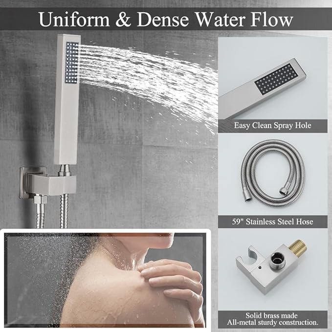 Shower Faucet Set 16 Inch Wall Mount Rain Shower System, All Metal Shower Fixtures - Brushed Nickel