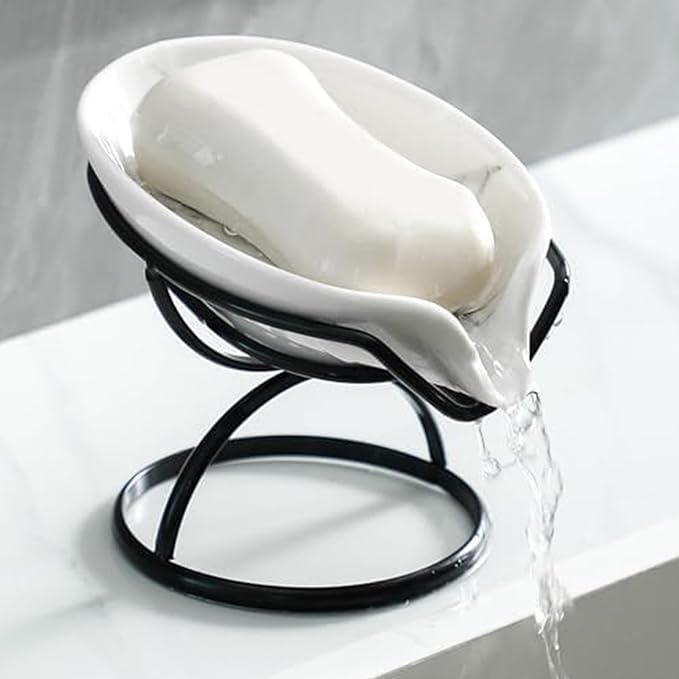 Leaf-Shaped Soap Dish – Premium Ceramic Soap Bar Holder with Self-Drainage System – Bar Soap Holder for Shower, Bathroom Sink, Kitchen – Waterfall Soap Dish with Stainless Steel Stand (Black)