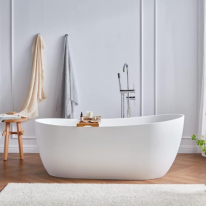 Cpingao 59" Solid Surface Freestanding Bathtub, Contemporary Oval Stone Resin Stand Alone Soaking Tub with Overflow and Pop Up Drain, One-Piece Molding Matte White 8828-1500