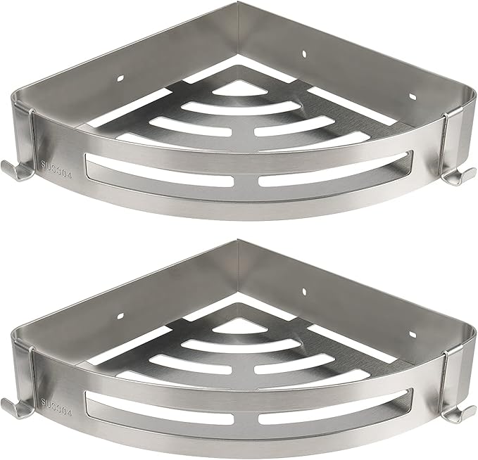 NearMoon Bathroom Shower Caddy 2 Pack, No Drill 304 Stainless Steel Shower Organizer with 2 Hooks (Corner Shelf, Brushed Nickel)