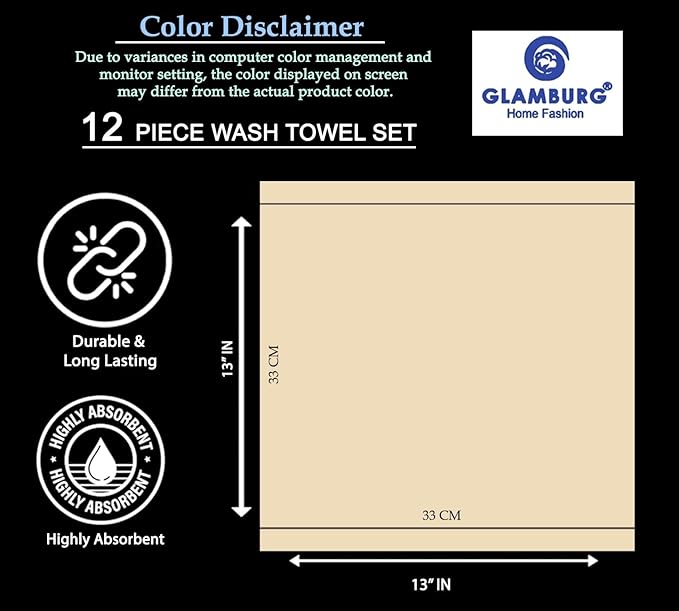 GLAMBURG Ultra Soft 12-Piece Washcloths Set 13x13-100% Ringspun Cotton - Durable & Highly Absorbent Face Towels - Ideal for use in Bathroom, Kitchen, Gym, Spa & General Cleaning - Black