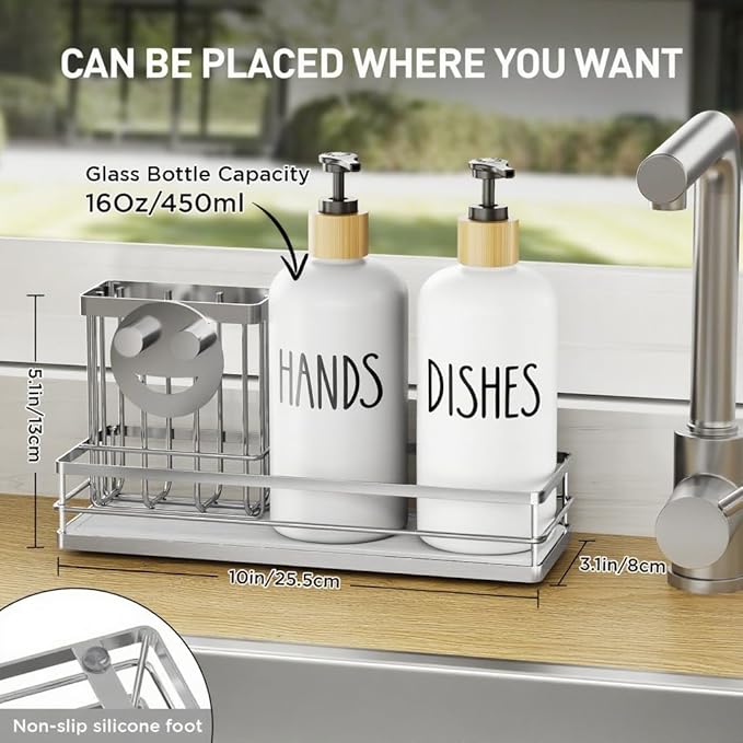 Moforoco Kitchen Dish Soap Dispenser Set, 16OZ Glass Bottle, Hand and Dish Soap Dispenser Set, Instant Dry Tray, Non-Slip Silicone Pad, Brush Holder with Sponge Holder, Kitchen Decor（White Bottle）