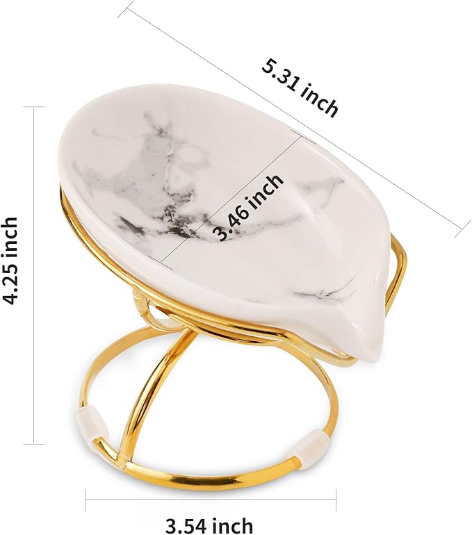 Leaf-Shaped Soap Dish – Ceramic Soap Bar Holder with Self-Drainage System – Bar Soap Holder for Shower, Bathroom Sink, Kitchen – Soap Dish with Stainless Steel Stand (White-Gold-2 Pack)