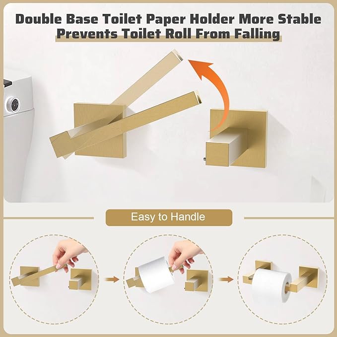 TNOMS 5-Piece Towel Bar Set Brushed Gold Bathroom Hardware Accessories Set Includes Upgraded Double Base Toilet Paper Holder,Modern Square Towel Holder Set Stainless Steel Wall Mount 23.6 Inch
