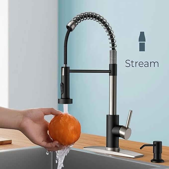 Smart Kitchen Faucet, 3 Modes Pull Down Sprayer, Touch On Sensor Activated, LED Temperature Control, 360-Degree Rotation,1 or 3 Hole Deck Plate. 10-Year Warranty. (KW-66NR, Brushed Nickel/Black)