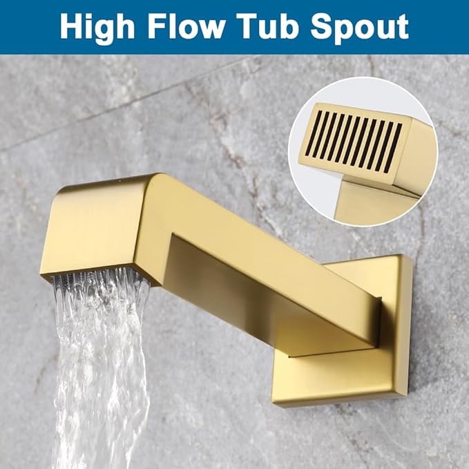 POP SANITARYWARE Shower Tub Faucet Set Brushed Gold Bathroom Shower System with Tub Spout Wall Mounted Rainfall 12 Inch Thickened Shower Head and Handle Set Include Shower Valve and Trim Kit