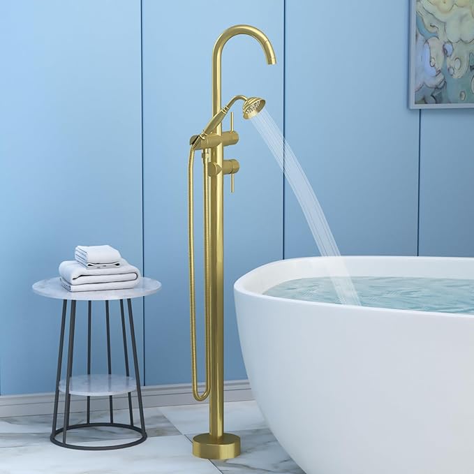 Freestanding Bathtub Faucet,Tub Filler Floor Mount Stand Bathtub Faucet Brass Bathroom Tub Faucets with 2 Function Telephone-Shape Handheld Shower Wand Swivel Brushed Gold