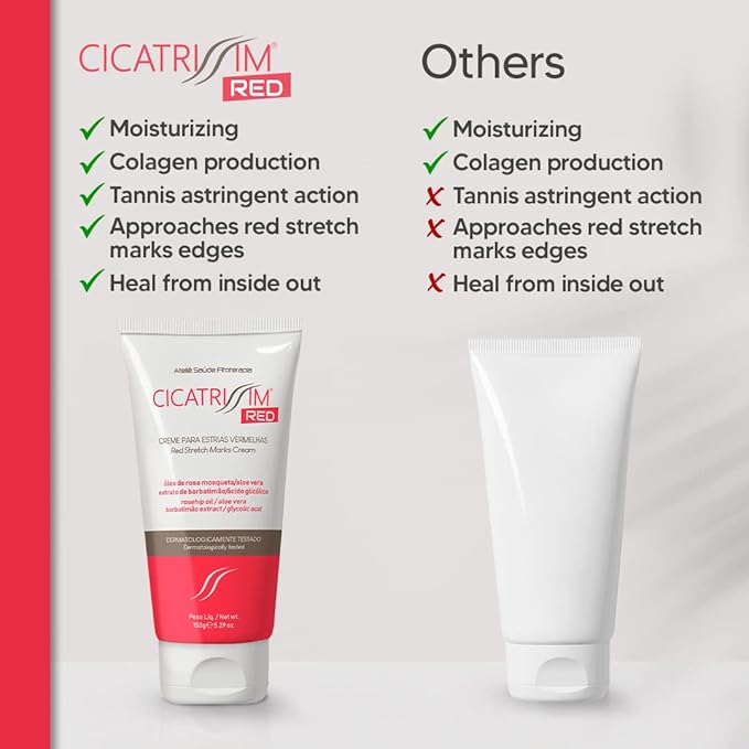 Cicatrissim Red Stretch Mark Cream for Red and Purple Striae - Softens Stretch Marks, Evens Skin Tone, and Firms Skin - All Skin Types - 150g