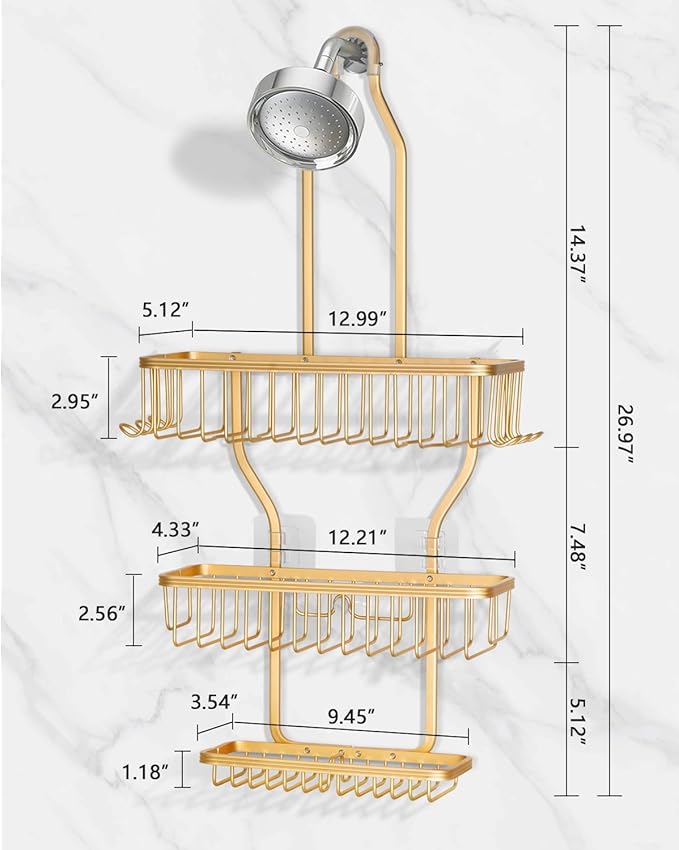 Shower Caddy Hanging - Never Rust Shower Hanging Organizer - Aluminum Over the ShowerHead Caddy with Soap Basket and 6 Razor/Sponge Hooks (Gold)