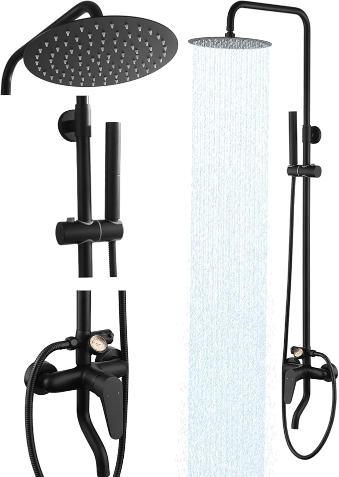 All-Metal Outdoor Shower Fixture,3 Functions Handle Tub Rainfall Shower Faucet Sets with Dial Thermometer Brass Valve, Black Exposed Shower System with 10'' Rainfall Shower Head Adjustable