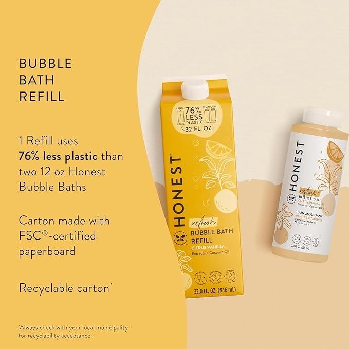 The Honest Company Foaming Bubble Bath Refill Carton Gentle for Baby Naturally Derived Tear-Free Hypoallergenic Citrus Vanilla Refresh 32 fl oz