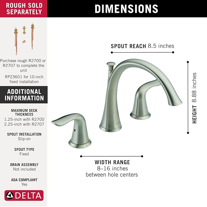 Delta Faucet Lahara 2-Handle Widespread Roman Tub Faucet - Brushed Nickel - Stainless T2738-SS