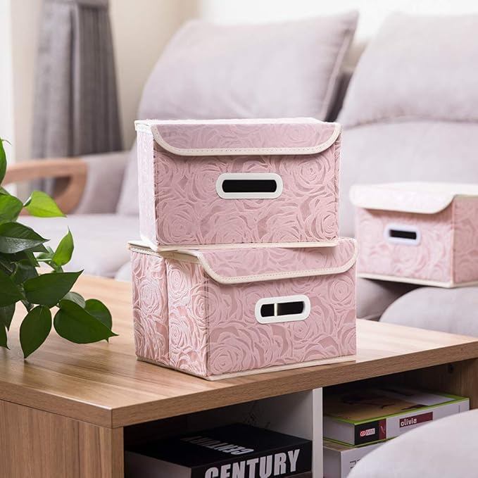 PRANDOM Foldable Storage Boxes with Lids [5-Pack] Fabric Decorative Storage Bins Cubes Organizer Containers Baskets with Cover Handles Divider for Bedroom Closet Living Room Pink 9.8x7.9x6.7 Inch