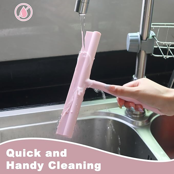 Squeegee for Shower Glass Doors, Resilient Loop - No-Drill & Adhesive Hook, Silicone Shower Squeegee with Stainless Steel Core, Cleaning Tool for Home, Kitchen, Bathroom & Car - Pink
