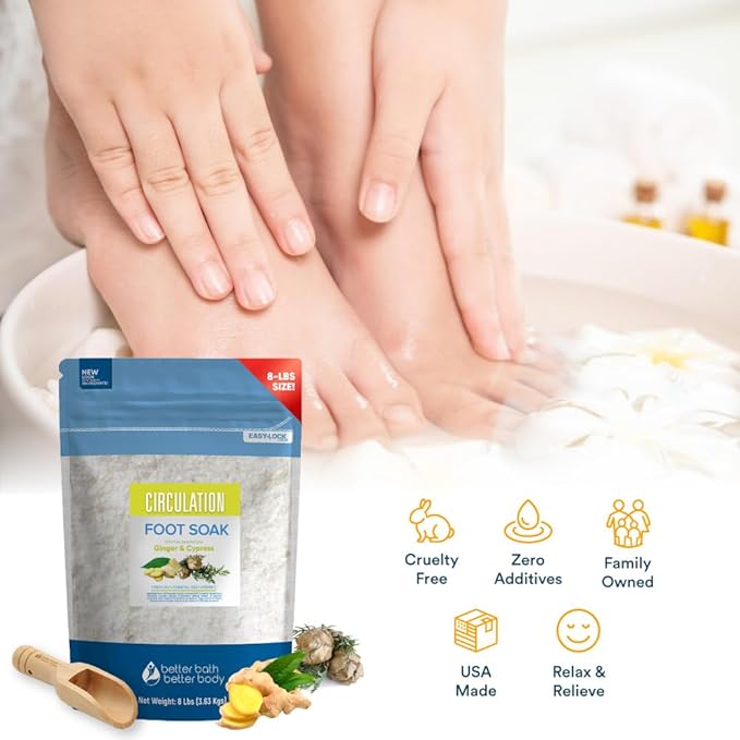 Circulation Foot Soak 128oz (8 Lbs) Epsom Salt Home Spa Soothing Soaks with Natural Ginger and Cypress Essential Oils Plus Vitamin C in BPA Free Pouch with Easy Press Lock Seal Made in USA