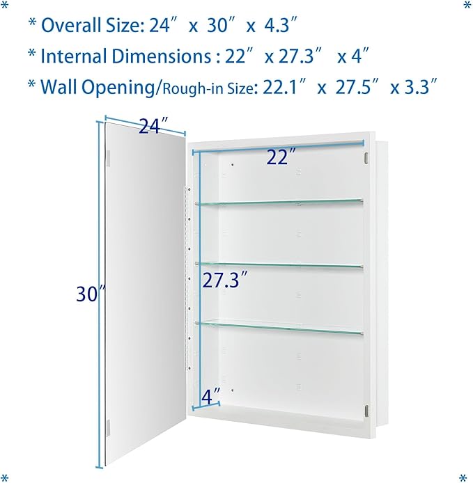 Bathroom Medicine Cabinet with Beveled Edge Mirrored Door 24 x 30 inch, Recessed or Surface Mount, with Adjustable Glass Shelves