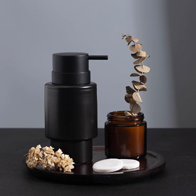 Fun Elements Black Soap Dispenser, 12oz Luxury Bathroom Soap Dispenser, Creamic Liquid Dispenser for Bathroom, Modern Minimalist Style