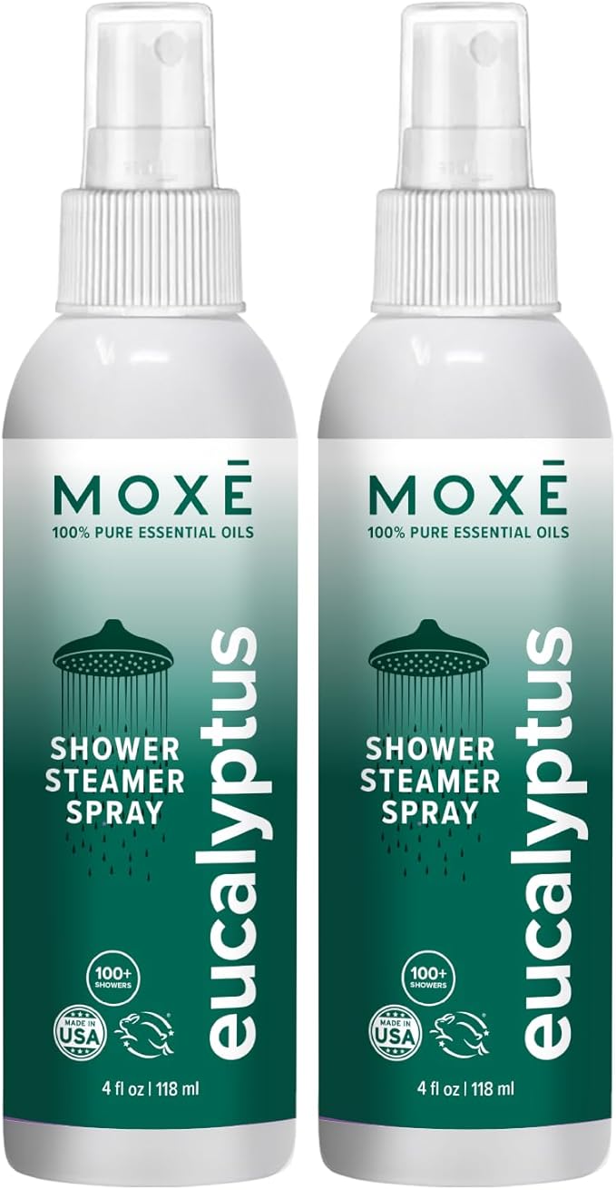 MOXE Eucalyptus Oil Shower Mist, Spa Steam Spray, Certified Natural 100% Essential Oils, Made in USA, Aromatherapy, Sinus Congestion Relief, Tension Relief (8oz)