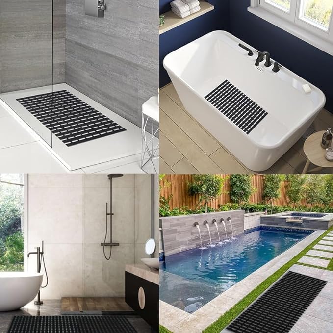Bath Mat Non Slip Shower Mat Bathtub with Drain Holes and Heavy Duty Rubber No Suction Cups Sturdy Shower Stall Tub Mat for Bathroom, Shower Floor, Pool, SPA, (Black, 2FT X 31FT)