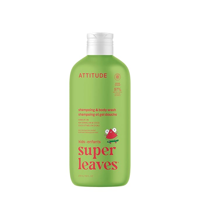 ATTITUDE Shampoo and Body Wash for Kids, EWG Verified, Dermatologically Tested, Plant- and Mineral-Based Ingredients, Vegan and Cruelty-Free, Watermelon and Coco, 16 Fl Oz