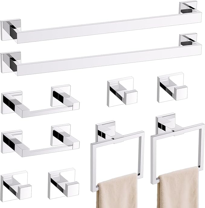 TURS 10-Piece Bathroom Hardware Accessories Set Chrome Towel Bar Holder Set SUS304 Stainless Steel Towel Racks for Bathroom Wall Mounted, 23.6-Inch
