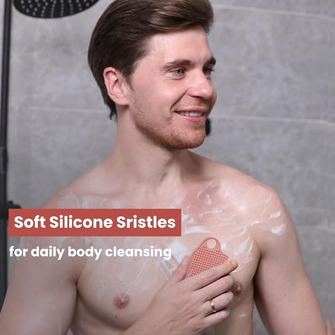 Silicone Body Scrubber Silver-Infused Dual-Sided 3-in-1 for Shower, Body Cleaning+Massage+Exfoliator Body Brush Buffer for Men and Women, Silicone Loofah, Non-Slip Handle (Pink)