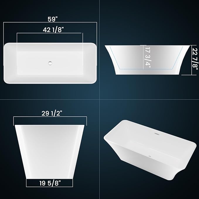 59 Inch Freestanding Acrylic Bathtub, Modern Soaking Tub with Chrome Overflow & Drain, CUPC Certified, Deep Soaking Design for Luxurious Spa Experience, Contemporary Bathroom Centerpiece