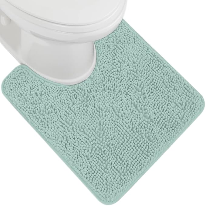 GORILLA GRIP Plush Absorbent Shaggy Chenille Bath Rug Mat for Oval Toilet Base with Rubber Backing, Machine Washable Rugs, Soft Microfiber Contour Mats for Toilets, Bathroom Decor, Seablue