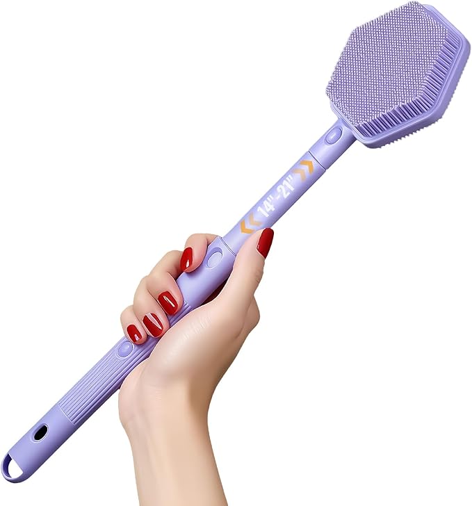 Silicone Back Scrubber for Shower – 21in Extendable Shower Brush with Long Handle – Dual-Sided Back Brush with Non-Slip Grip, Gentle Cleansing & Exfoliation for Men, Women, Elderly (Purple)