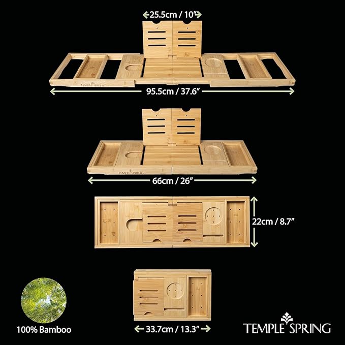 Temple Spring Foldable Bathtub Tray, Unique Design Selfcare Bathroom Caddy, Bamboo Spa Bathroom Tray, Wooden Bathtub Accessories, Wedding Gift/Birthday Gift/New Home Bath Table