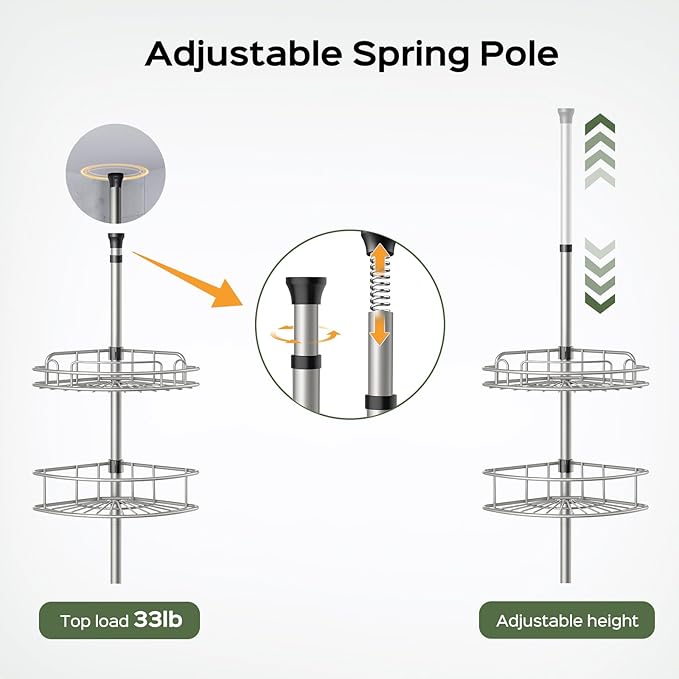 HAMITOR Corner Shower Caddy Tension Pole: 4-Tier Rust-Resistant Adjustable Bathroom Organizer Shelves - 47-121 Inch No-Drill Quick Installation - Space-Saving Storage for Renters Family - Silver Gray