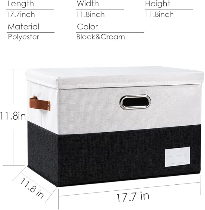 PRANDOM Foldable Storage Bins with Lids [3-Pack] Fabric Collapsible Storage Boxes Baskets Cubes Containers with Handles for Closet Living Room Bedroom (Black & White 17.7x11.8x11.8'')