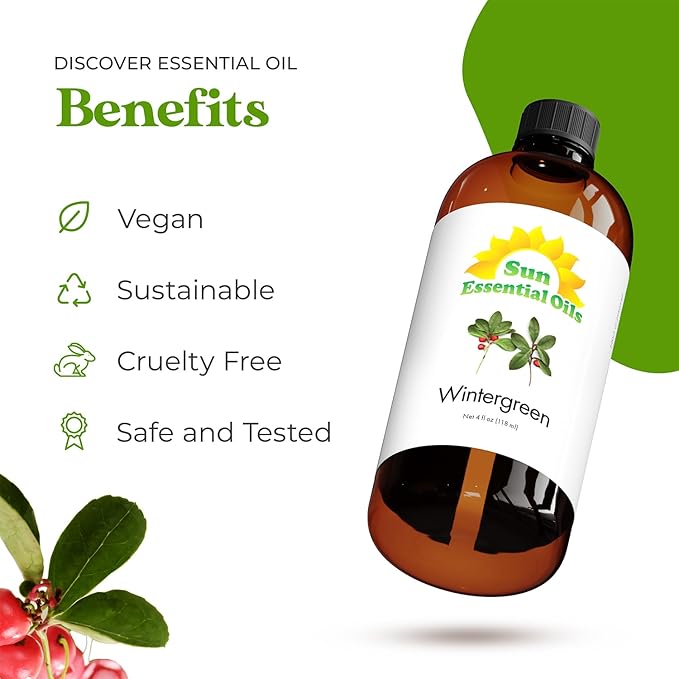 Sun Essential Oils - Wintergreen 4oz Bottle for Humidifier, Diffuser, Aromatherapy, Soap and Candle Making - Aromatherapy Oil