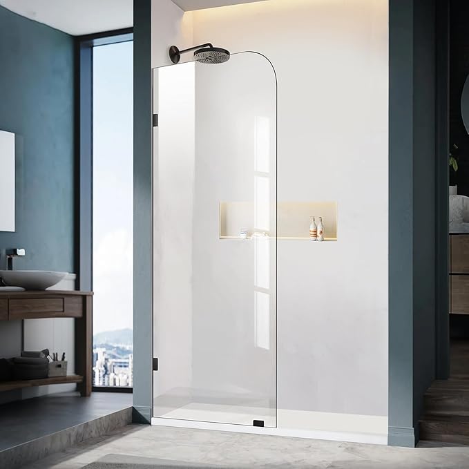 Bathroom Shower Door, 24" W ×78" H Fixed Shower Glass Panel with Clamps, 3/8" (10mm) Glass Shower Doors, Clear Tempered Frameless Shower Panel in Matte Black