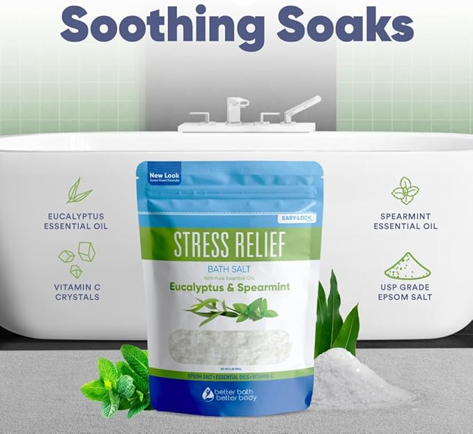 Stress Relief Bath Salt 32 Ounces (2 Lbs) USP Grade Epsom Salt with Natural Spearmint and Eucalyptus Essential Oils Plus Vitamin C in BPA Free Pouch with Easy Press Lock Seal Made in USA