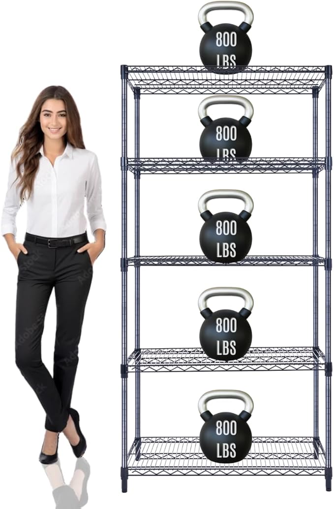 36"x18"x72" Prime Heavy Duty Black 5-Tier Wire Shelving NSF 4000 LBS MAX Capacity Storage Rack for Commercial, Hospital, School, Garage, and Kitchen Uses (with Wheels)